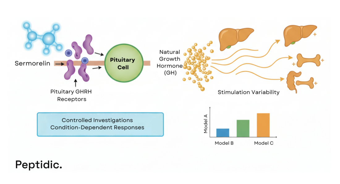Diagram showing Sermorelin activating pituitary receptors and stimulating variable natural growth hormone release.