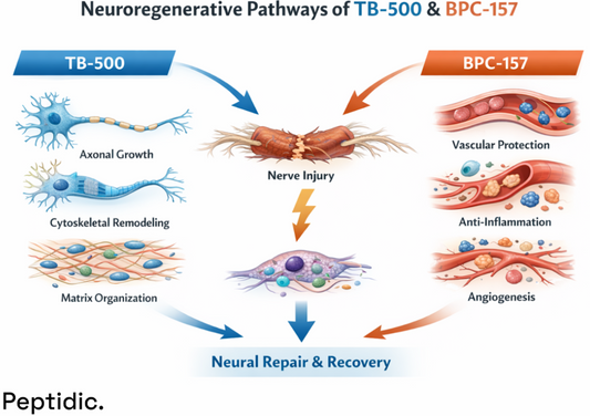 TB-500 vs BPC-157 neuroregenerative pathways showing axonal growth, vascular protection, and neural repair mechanisms.