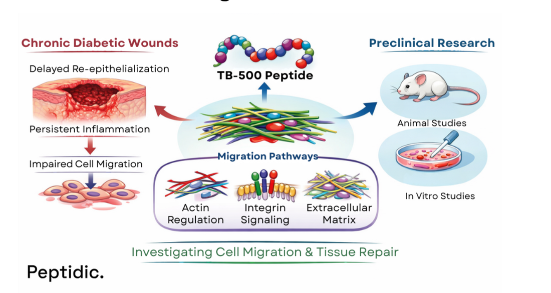 Scientific diagram illustrating TB-500 migration pathways in experimental diabetic wound research models.