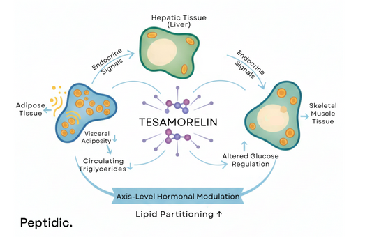 Image illustrating tesamorelin-driven endocrine crosstalk regulating lipid metabolism across adipose, liver, and muscle tissues