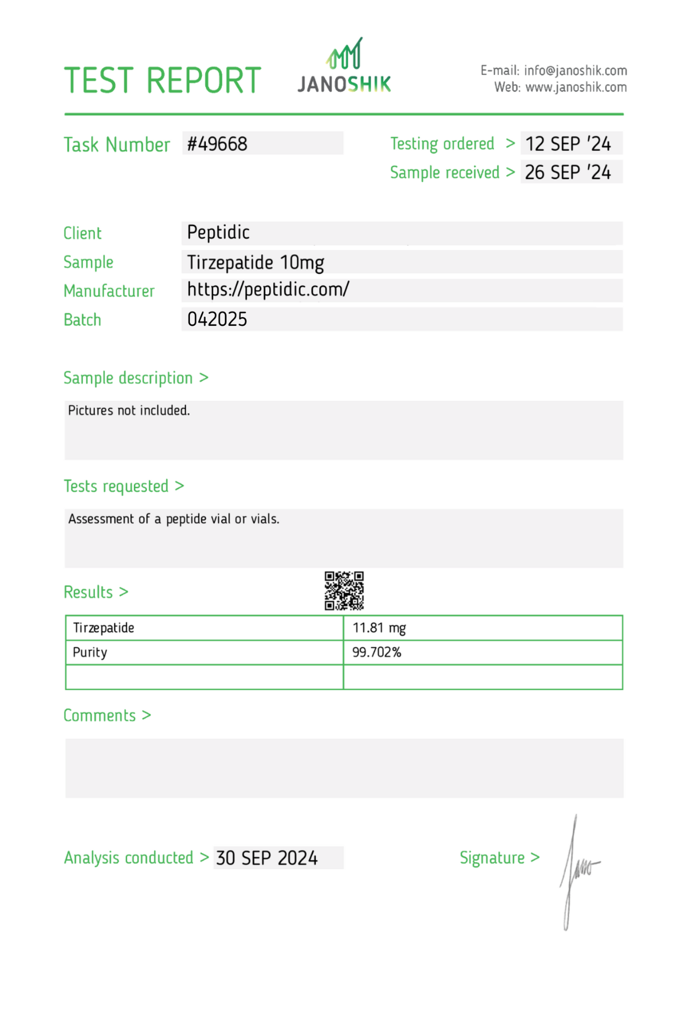 Tirzepatide – 10mg Certificate